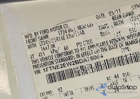 2011 Ford E-250 Commercial z USA, uszkodzony, nr VIN 1FTNE2EW2BDA78064